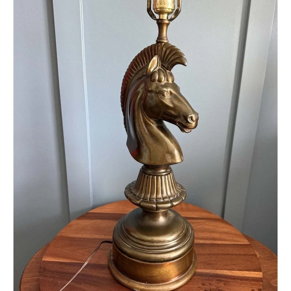 Vintage Brass Horse Head Bust Lamp Equestrian Hollywood Regency Chess Knight 21